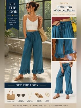 Wide-Leg Ruffle Hem Pants in Teal Blue